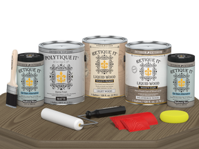 Retique It® Wood'n Finish Kit with four weathered wood exterior top coat samples in matte finish on a table.