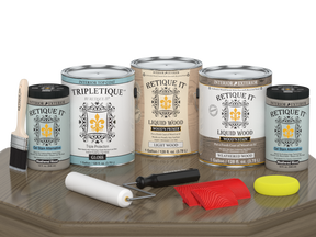 Glossy weathered wood finish kit from Retique It® for interior projects, includes four large Wood'n Top Coat containers.