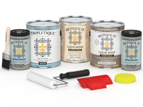 Retique It® Wood'n Finish Kit with four weathered wood interior top coats, featuring matte finish for multi-purpose wood projects.