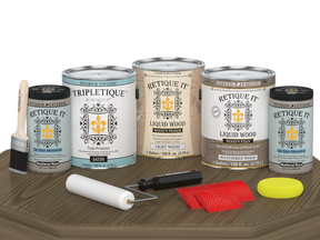 Retique It® Wood'n Cabinet Kit with weathered wood stain, satin finish, 48 grained cabinet doors for DIY furniture updates.