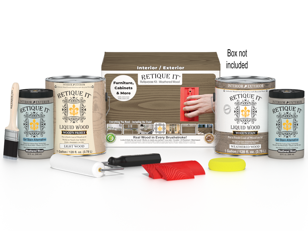 Retique It® Wood'n Finish Kit with four weathered wood color samples for multi-purpose wood finishing projects.