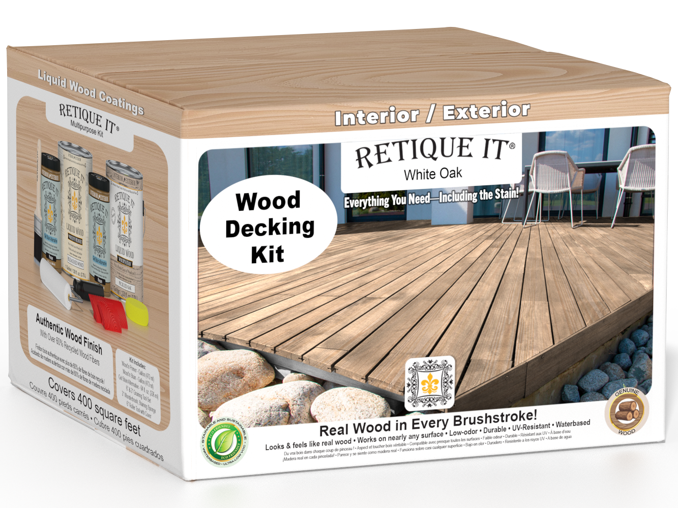 Retique It® White Oak decking wood stain kit showing a sample stained wood surface with natural white oak finish.