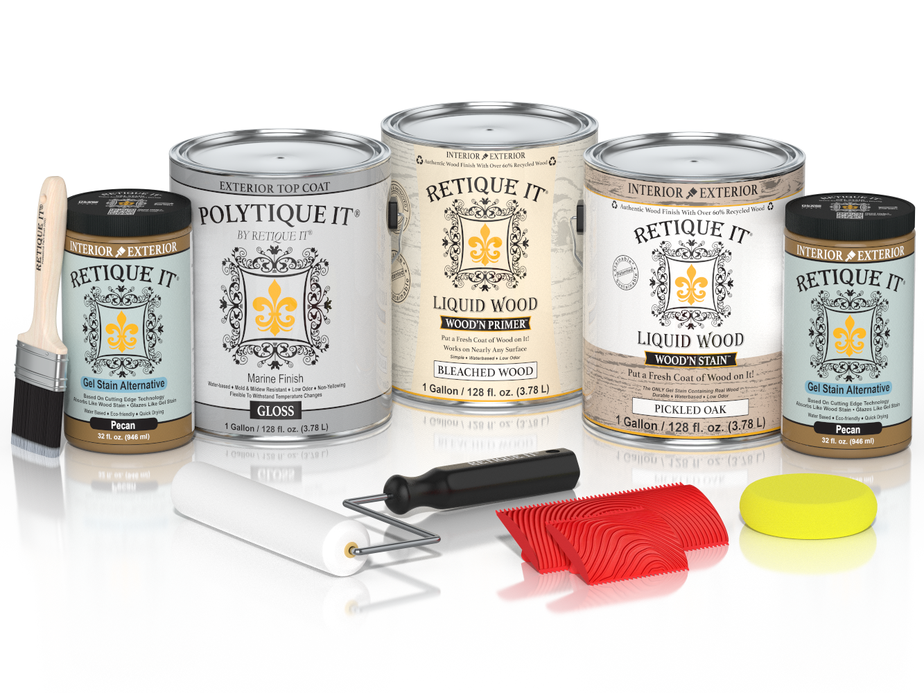 Glossy white oak wood finish kit with four large containers of Retique It® Wood'n Finish for exterior projects.