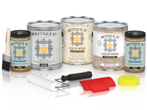 Glossy white oak wood finish kit with four large containers of Retique It® Wood'n Finish for exterior projects.