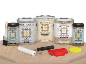 Retique It® Wood'n Finish Kit in Oak with matte finish, shown on a table, highlighting easy application and natural wood look.