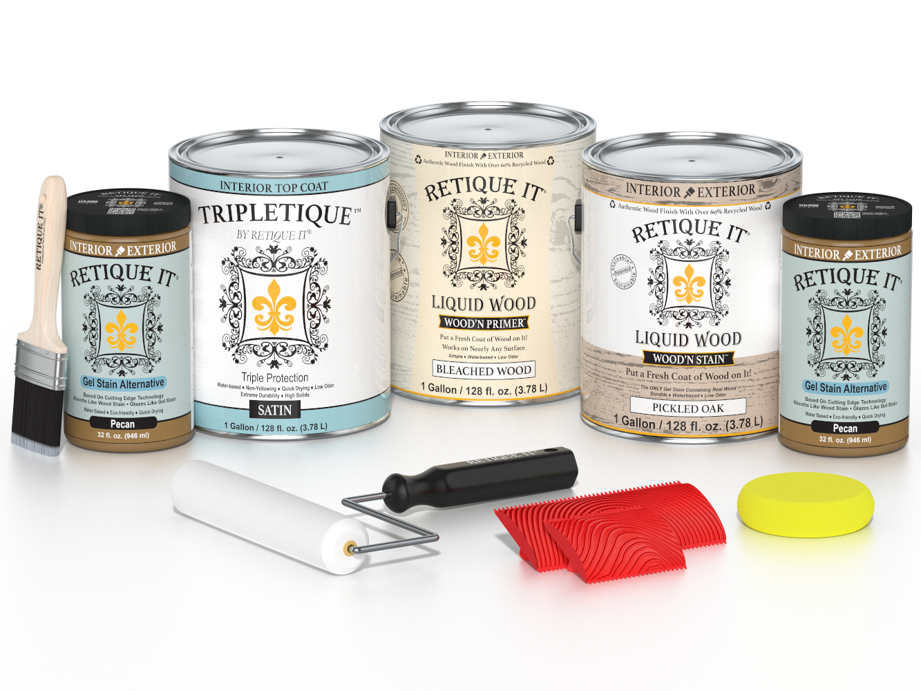 Retique It® Wood'n Finish Kit in White Oak with satin top coat, includes four large multi-purpose wood finishing products.