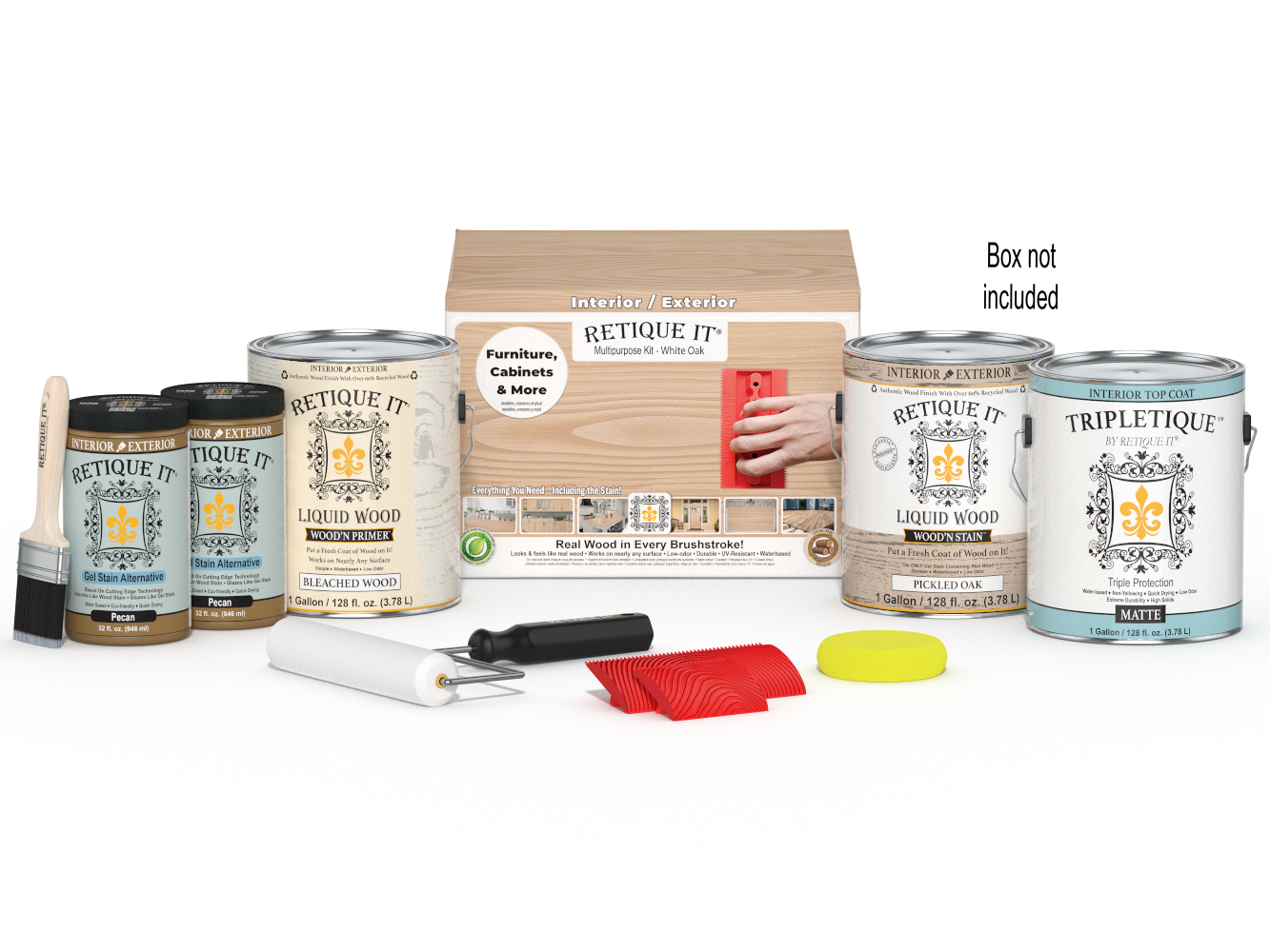 Retique It® Wood'n Finish Kit in Walnut Oak with brush and supplies for wood finishing and furniture restoration.