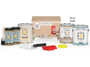 Retique It® Wood'n Finish Kit in Walnut Oak with brush and supplies for wood finishing and furniture restoration.