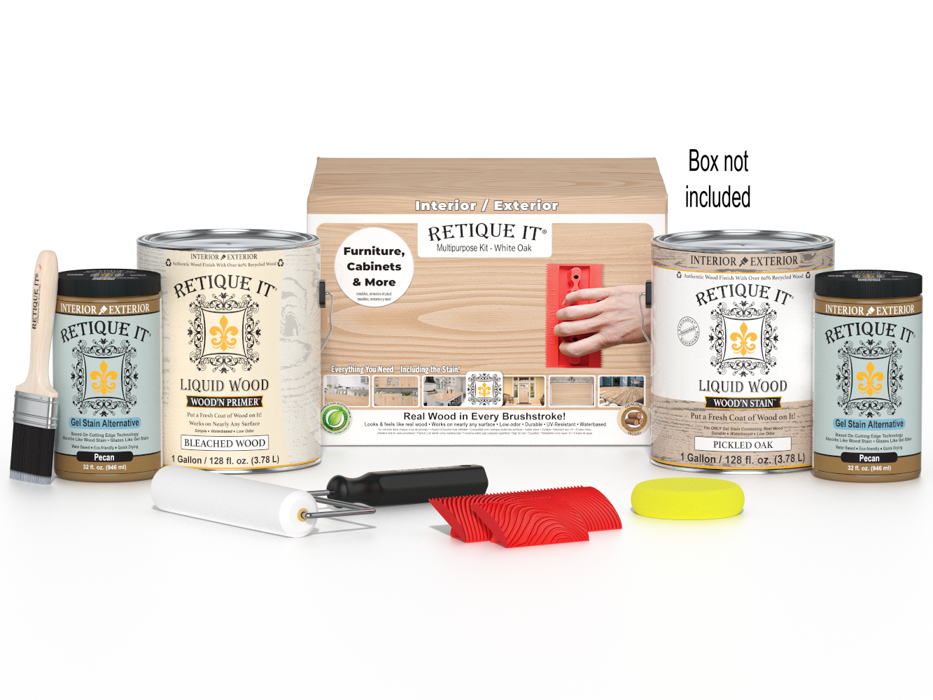 Multi-purpose Wood'n Kit in white oak finish by Retique It® with four large wood finishing products and a storage box.