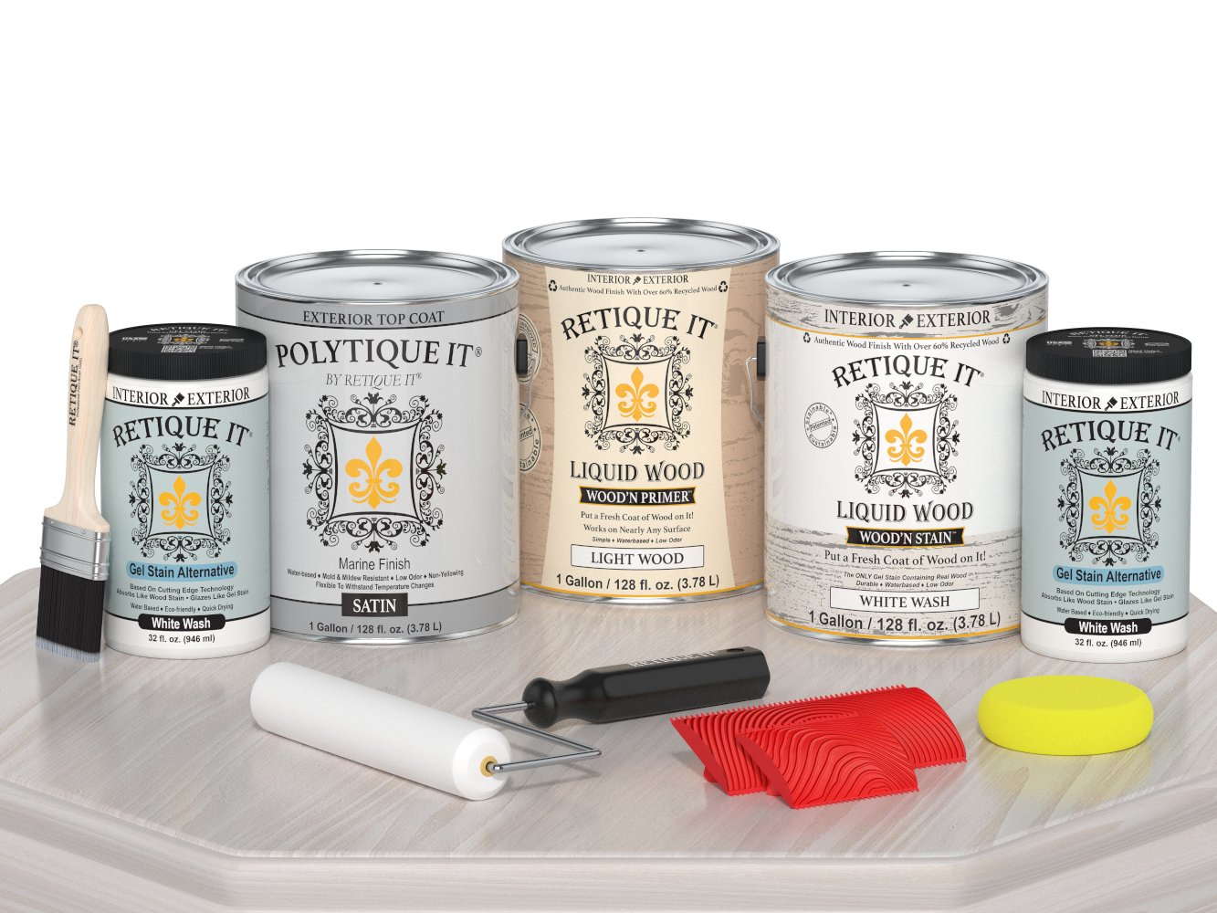 Retique It® Wood'n Finish Kit in White Wash with satin top coat, showing four large exterior wood finish bottles on a table.