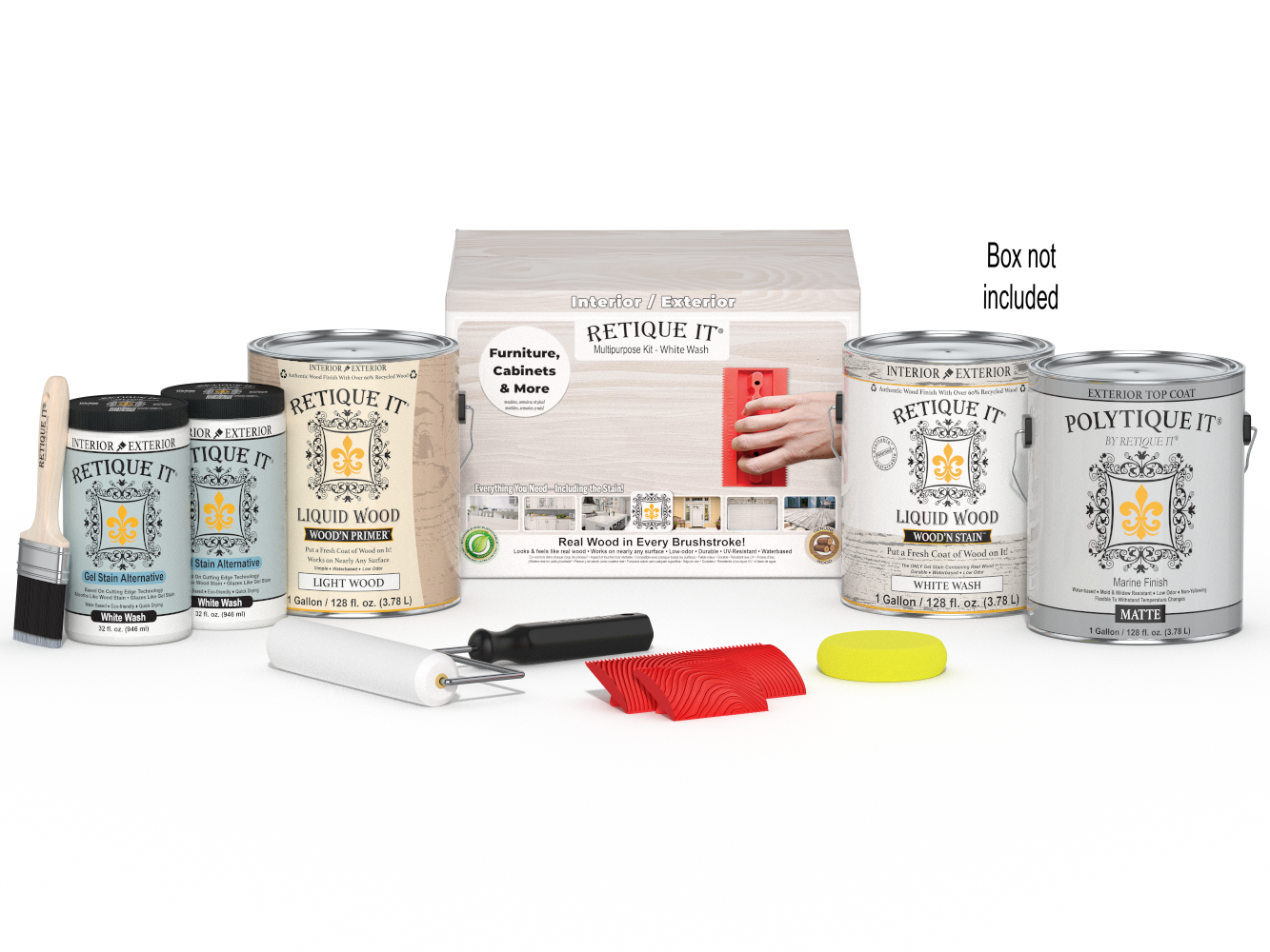 Retique It® Wood'n Finish Kit in white wash for exterior top coat, includes four large containers, shown with packaging and brushes.