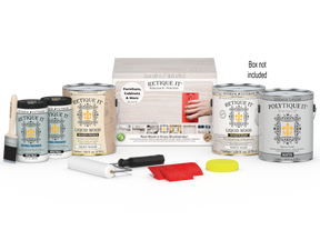 Retique It® Wood'n Finish Kit in white wash for exterior top coat, includes four large containers, shown with packaging and brushes.