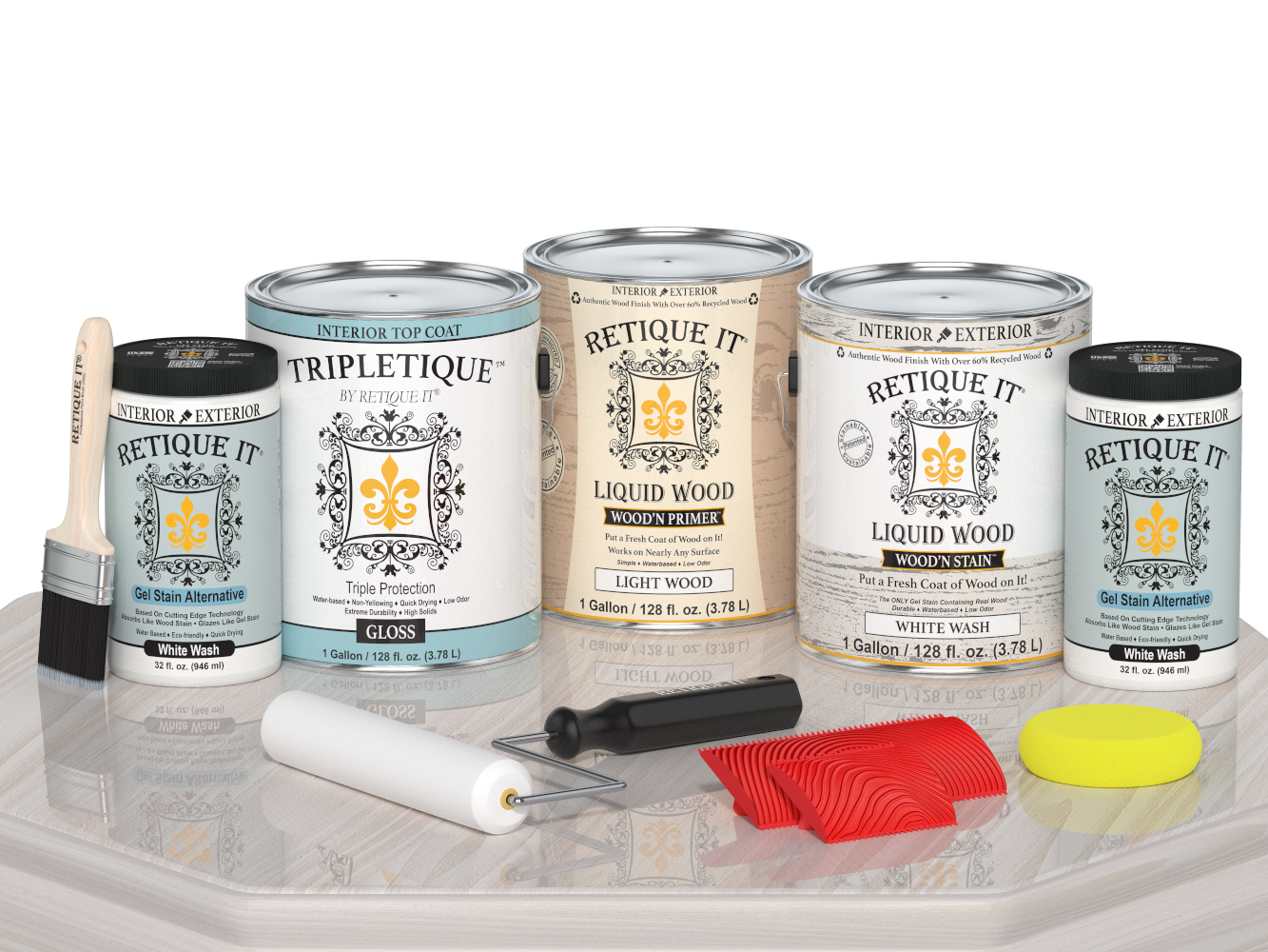 Retique It® Wood'n Cabinet Kit with white wash stain, 48 grained cabinet doors, glossy finish on a table.