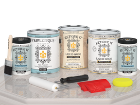 Retique It® Wood'n Finish Kit in White Wash for interior wood projects with a glossy top coat, displayed on a table.