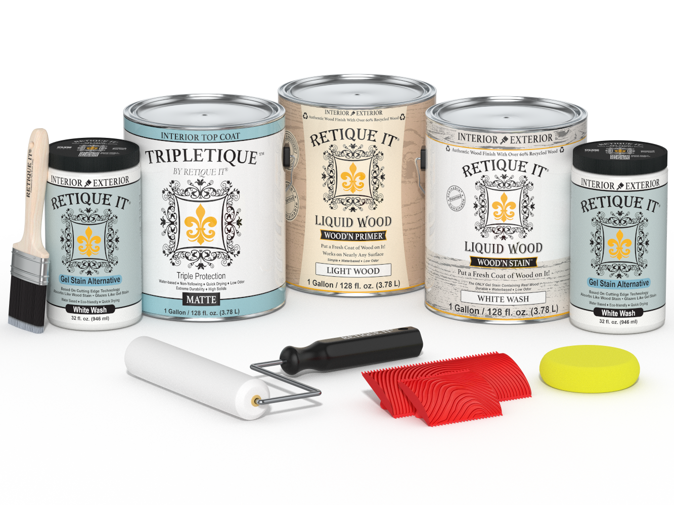 Retique It® Wood'n Kit Multi-purpose wood finish set in white wash with matte top coat, including four large containers.