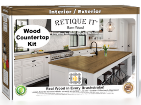 Modern walnut kitchen island countertop kit by Retique It® with stain finish, shown in a 3D boxed view.