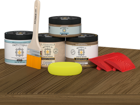 Retique It Wood'n Kit in barn wood finish, featuring interior topcoat and versatile wood finish supplies on a table.