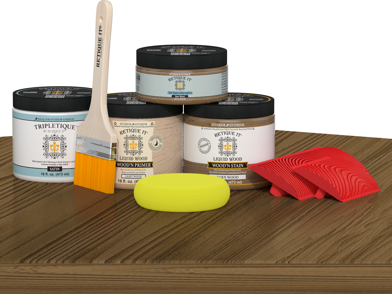 Retique It Multi-purpose Wood'n Kit in Barn Wood finish, featuring interior topcoat and wood finish supplies on a table.