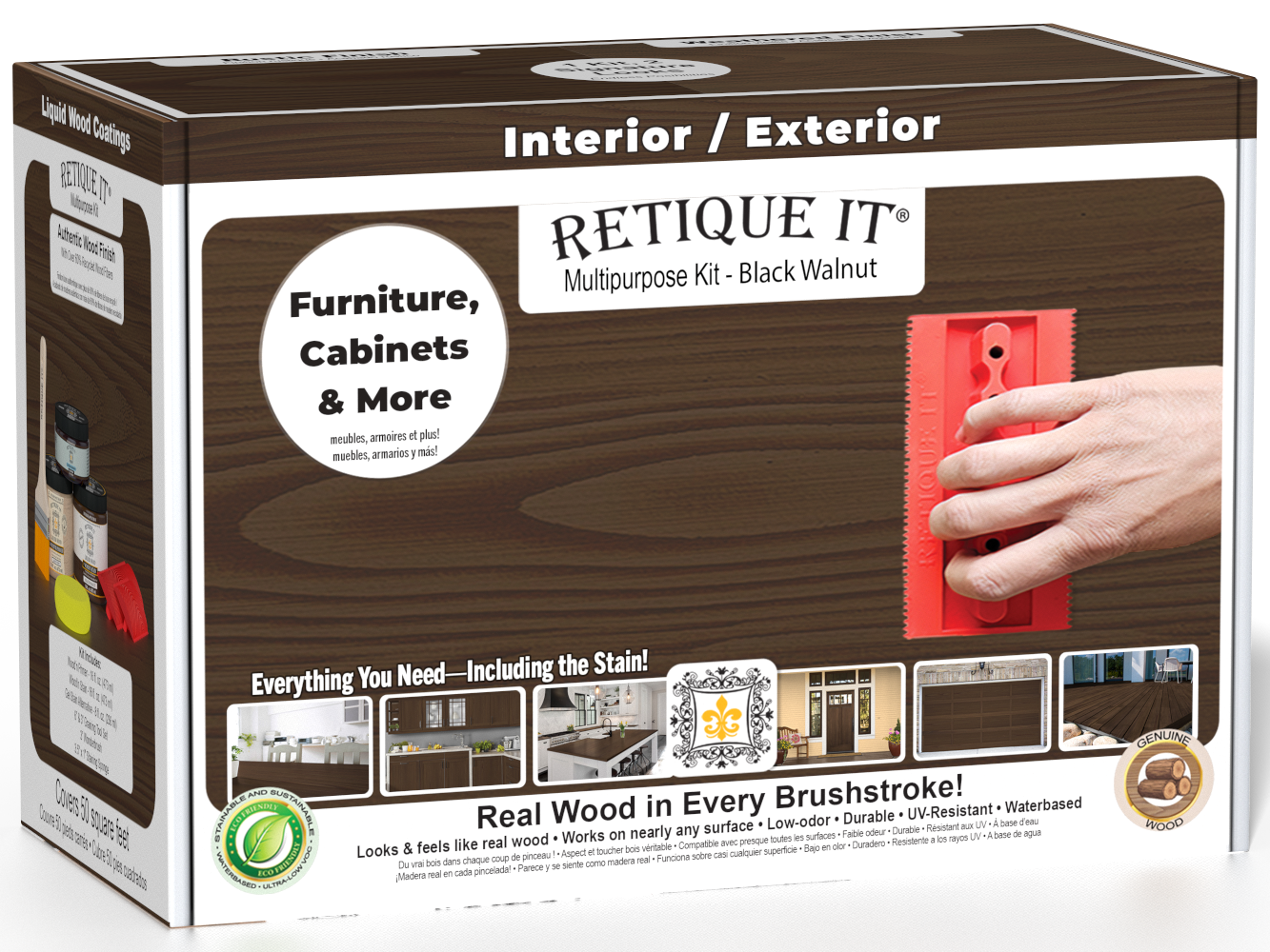 Retique It® Wood'n Kit in black walnut finish, exterior top coat for multi-purpose wood finishing projects, with brushes and accessories.