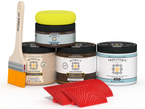 Retique It® Wood'n Finish Kit for table tops in black walnut stain, featuring stain bottles and applicator tools.
