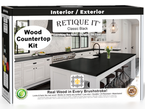 Retique It® classic black countertop kit for kitchen island, showing stained wood surface with a smooth finish.
