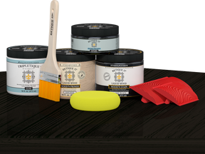 Retique It® countertop kit for kitchen island in classic black with stain application, displayed on a modern kitchen table.