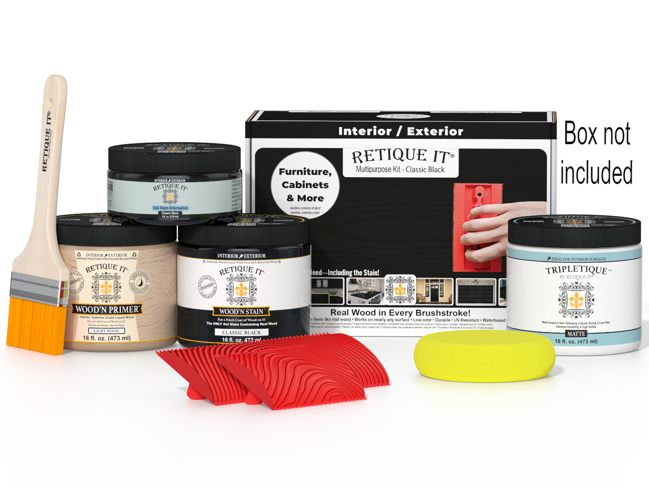 Retique It® Wood'n Finish Kit Med Classic Black interior top coat in a box with applicator tools and instructions.