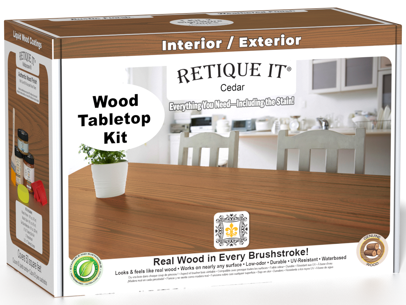Retique It® Wood'n Finish Kit in cedar for tabletops, includes stain and finishing supplies in a double-size box.