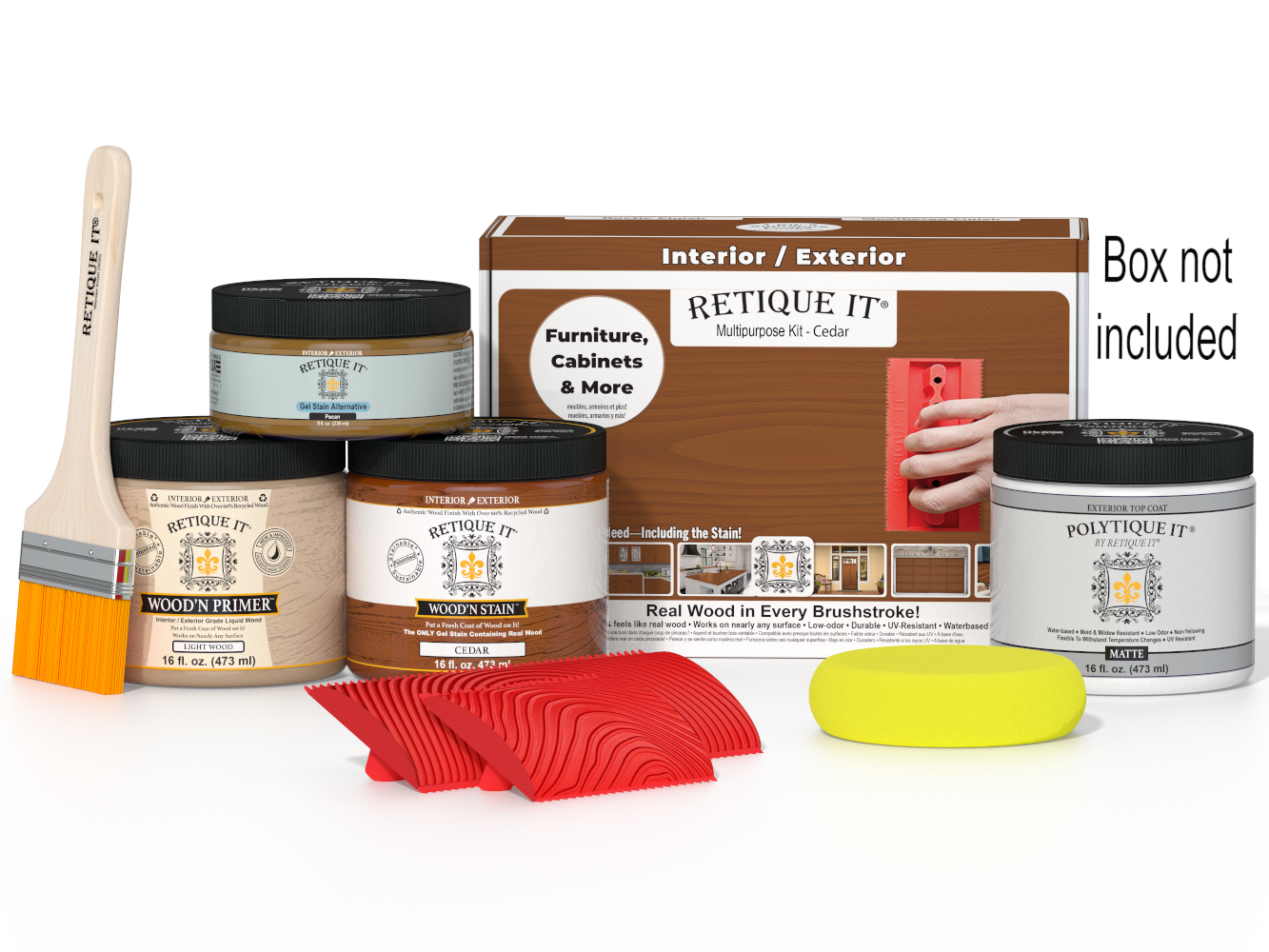 Retique It® Wood'n Kit in cedar for exterior wood finishing, includes top coat and application tools in a box.