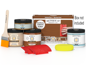 Retique It® Wood'n Kit (Med) cedar interior top coat in box, includes wood finish supplies and applicator tools.