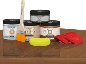 Retique It® Wood'n Finish Kit in cedar stain, double size, featuring wood stain bottles and applicator tools on a tabletop.
