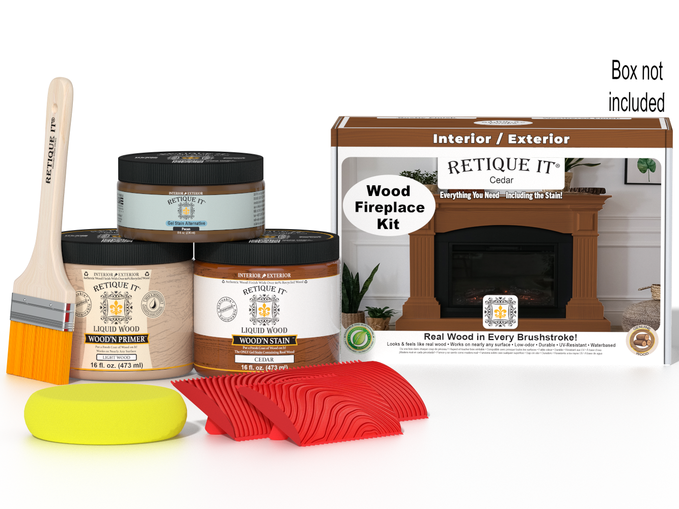 Retique It® Wood'n Finish Kit for full fireplace in cedar stain, includes wood finishing supplies and tools.