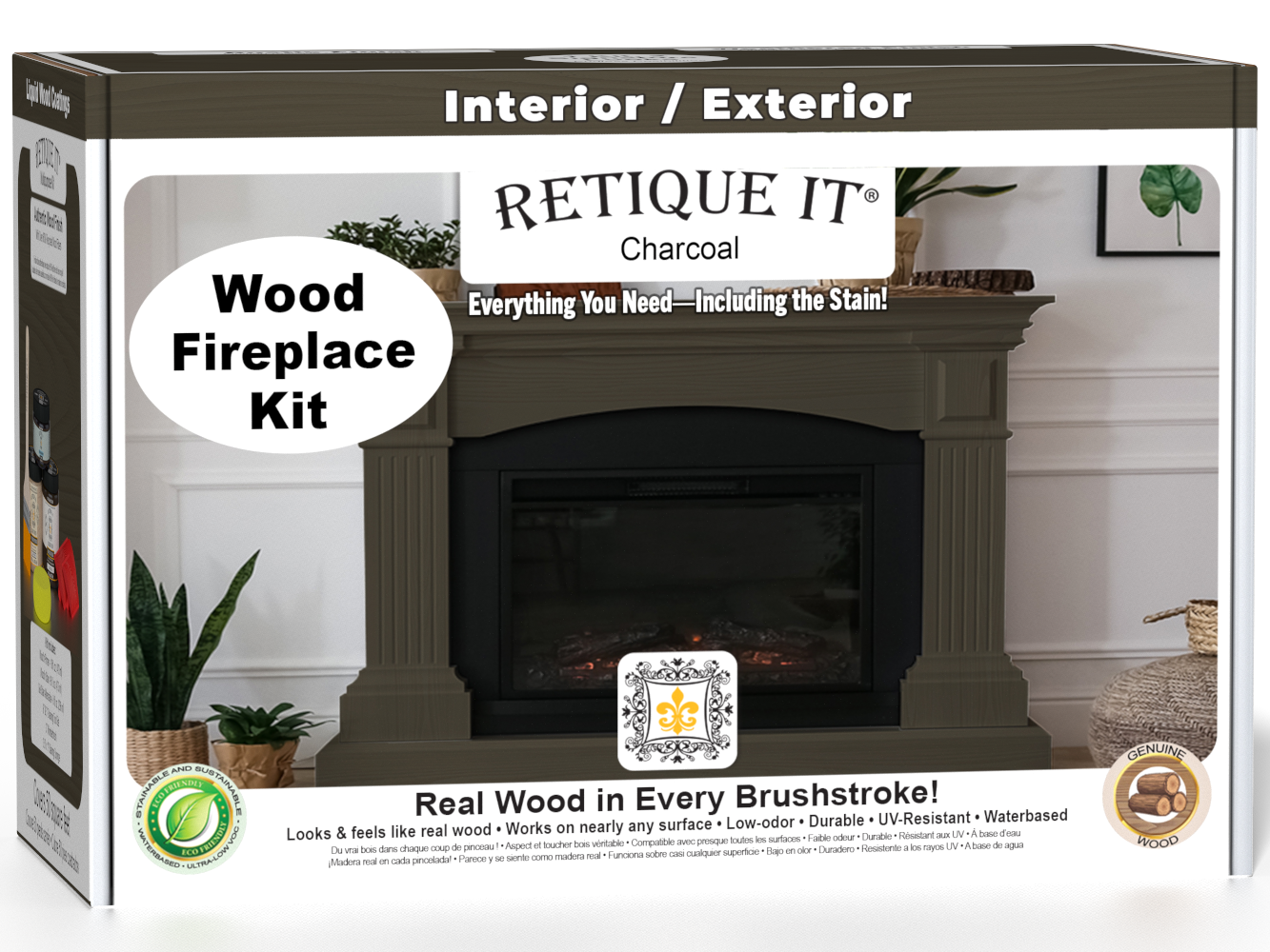 Retique It® Fireplace Wood'n Finish Kit in charcoal, full fireplace stain kit with wooden tools and stain containers shown in the image.