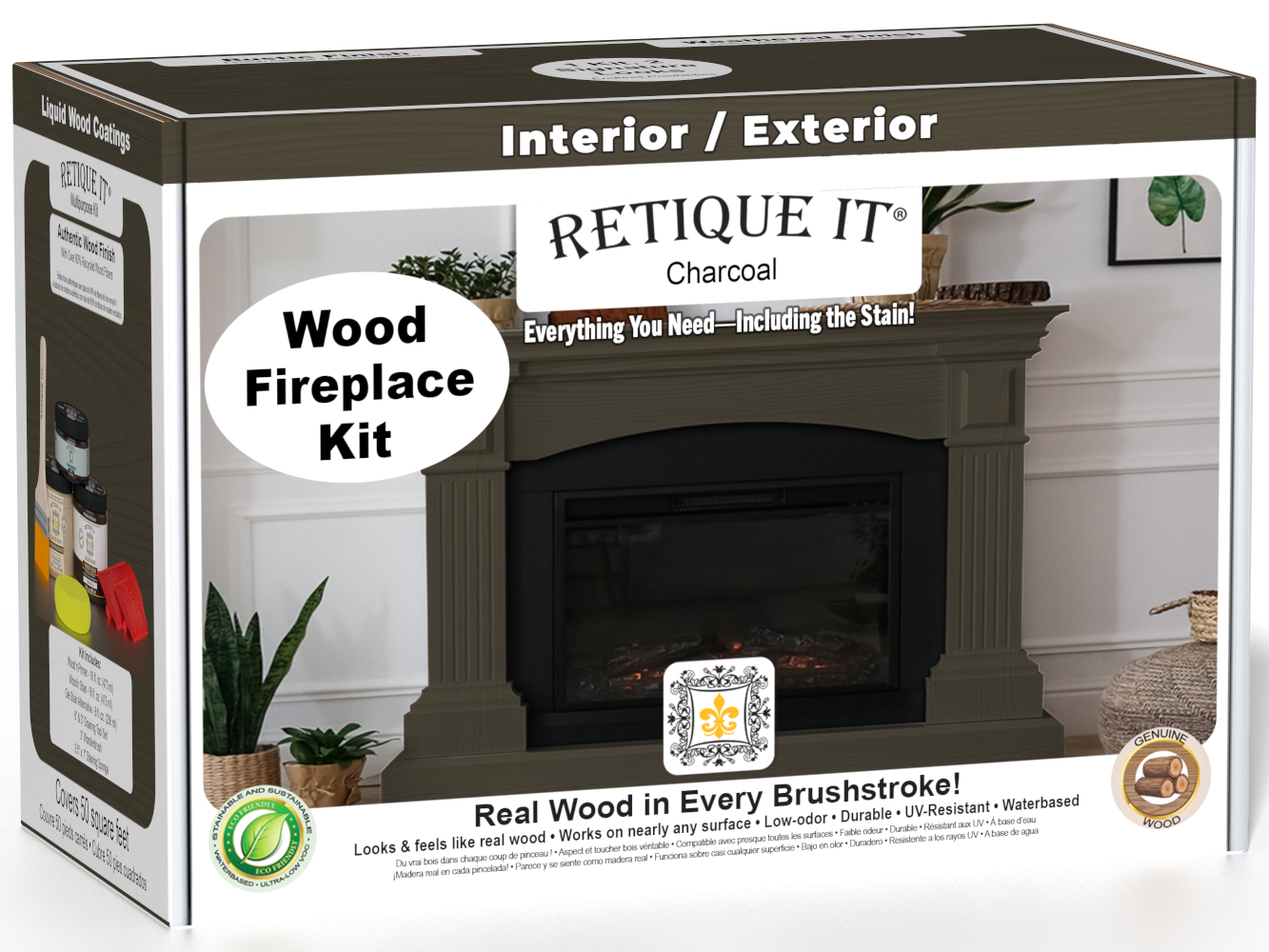 Retique It® Fireplace Wood'n Finish Kit in charcoal stain, full fireplace application with stain bottles and finishing tools.