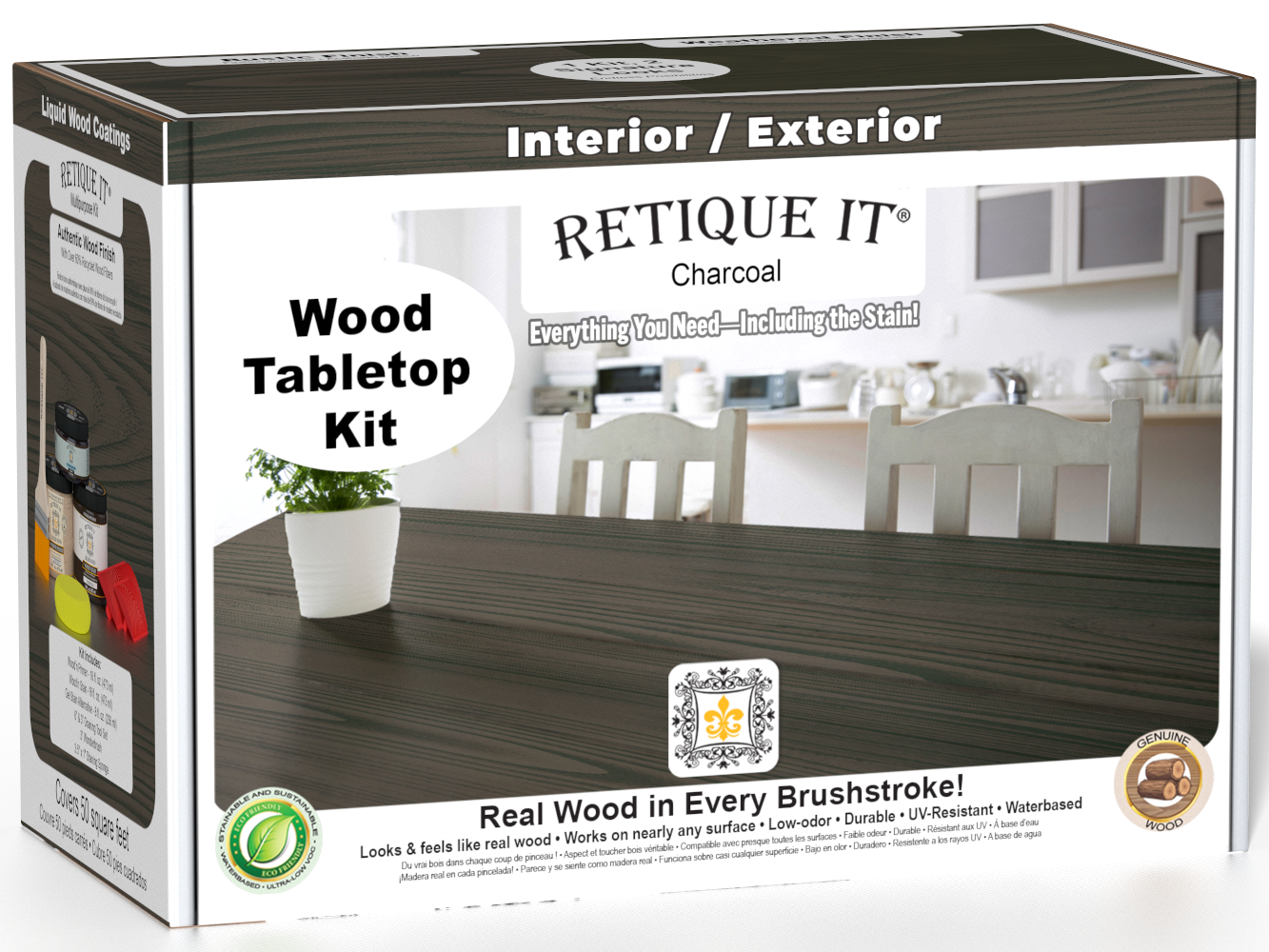 Retique It® Wood'n Finish Kit (Double Size) in Charcoal stain, featuring wood finishing products in a box for tabletops and furniture.