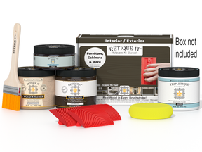 Retique It® Wood'n Finish Kit in charcoal for interior wood projects, featuring a multi-purpose top coat in a compact box.