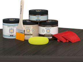 Retique It® charcoal countertop kit for kitchen island, showing stained wood surface with a smooth, finished appearance.