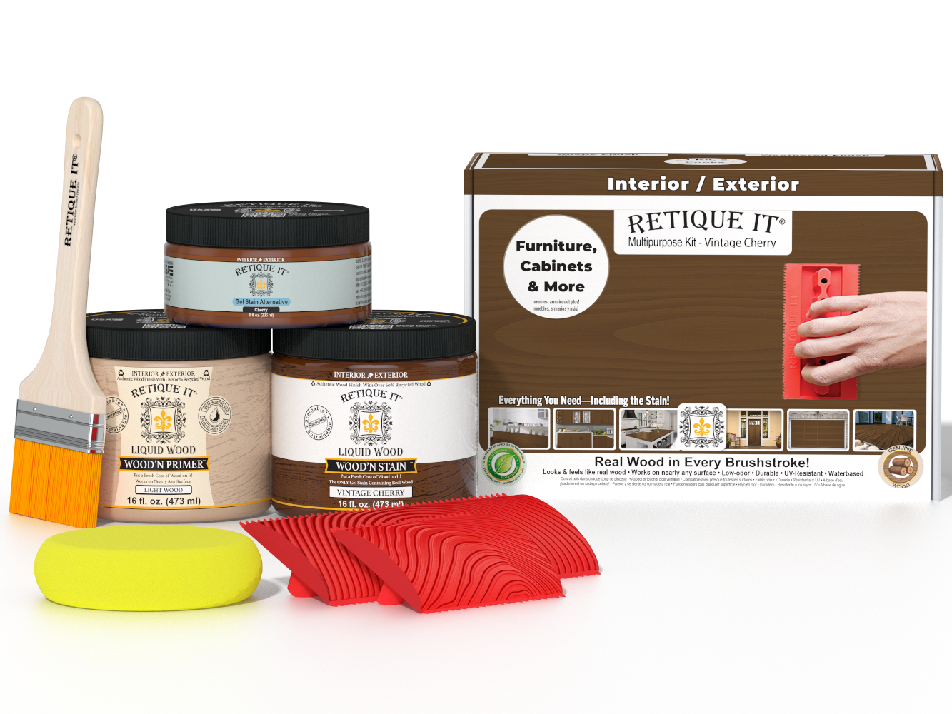Retique It® Wood'n Finish Kit in Vintage Cherry, medium-sized for wood furniture restoration, showing wood stain and finishing supplies.