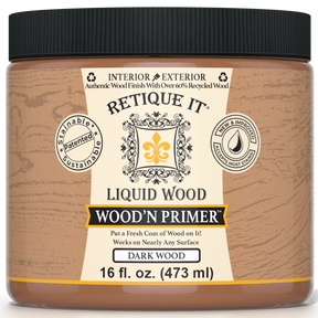 Retique It® Liquid Wood Wood'n Primer in dark wood finish, 16 fl oz, applied on a surface for wood-like finishing.