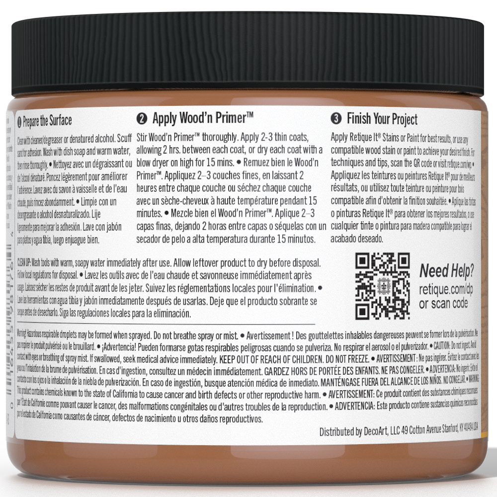Retique It® Liquid Wood Wood'n Primer in dark wood finish, 16 fl oz, showing the primer applied on a wooden surface.