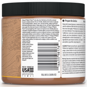 Retique It® Liquid Wood Wood'n Primer in dark wood finish, 16 fl oz, shown in the image with dark wood texture and application tools.