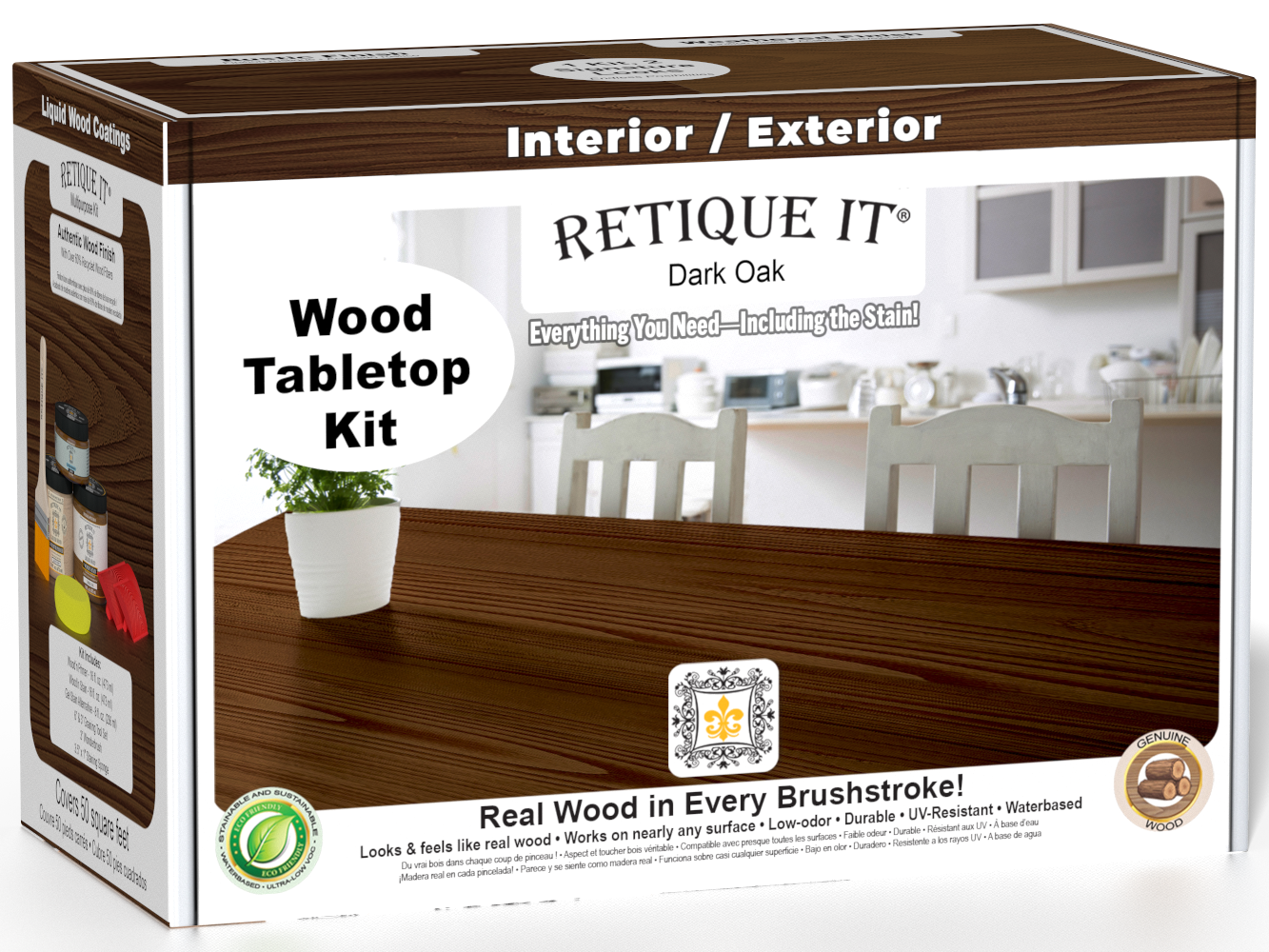 Retique It® Wood'n Finish Kit in Dark Oak for tabletops, featuring stain bottles and application tools in a double-size kit.