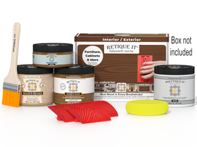 Retique It® Wood'n Finish Kit in Dark Oak for exterior wood surfaces, includes top coat and application tools in the box.
