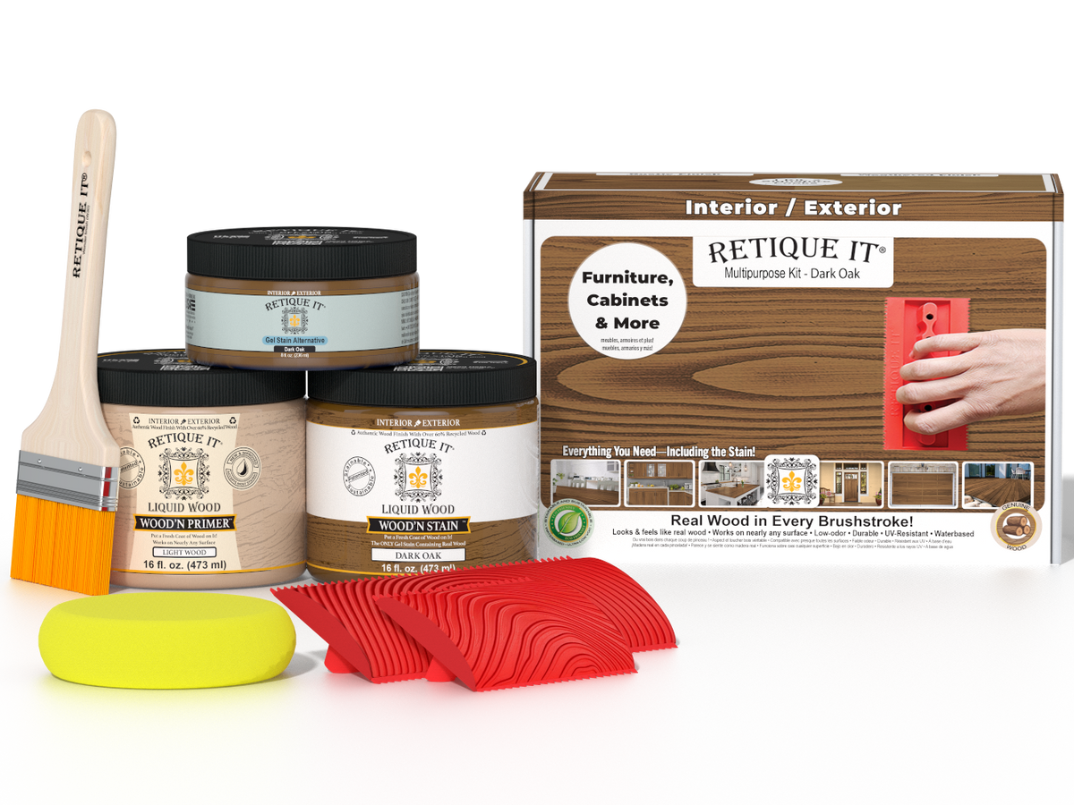 Medium dark oak Wood'n Finish Kit by Retique It® for multi-purpose wood finishing projects, shown in the product image.
