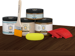 Retique It® Wood'n Finish Kit Double Size in Dark Oak stain displayed on a table, showing the stain's rich dark oak finish.