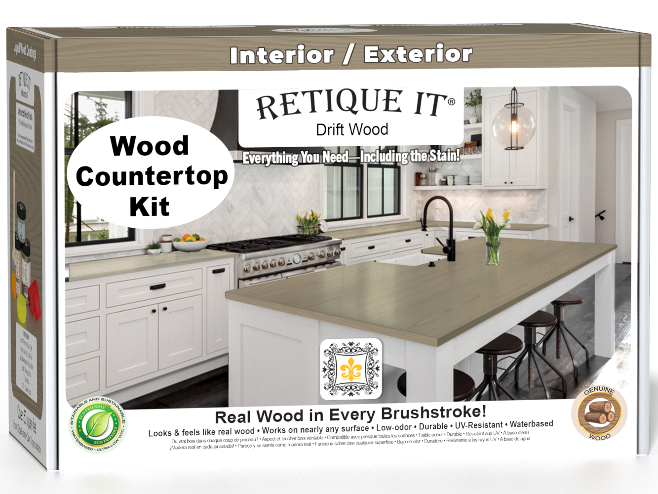 Retique It® Drift Wood countertop kit for kitchen islands, featuring stain options and natural wood grain appearance.
