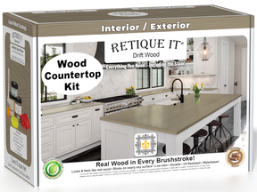 Retique It® Drift Wood countertop kit for kitchen island, featuring stain application and natural wood finish.