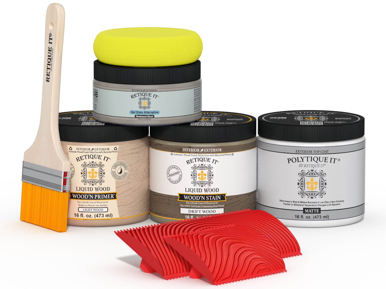 Retique It® Wood'n Finish Kit in Drift Wood, medium size, with matte exterior top coat, showing wood finish application and tools.