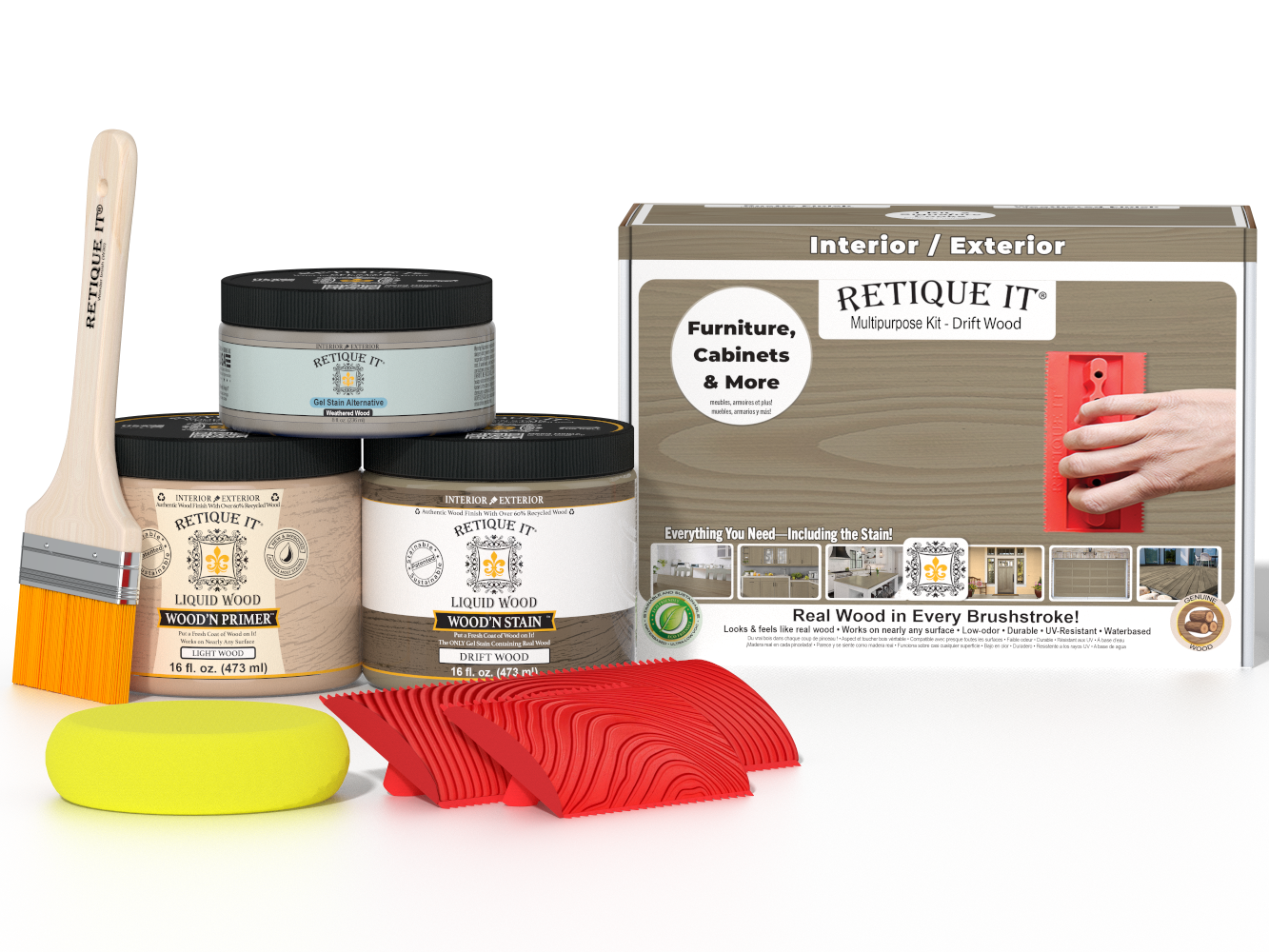 Multi-purpose Wood'n Kit in Drift Wood finish by Retique It®, featuring wood finishing tools and supplies.