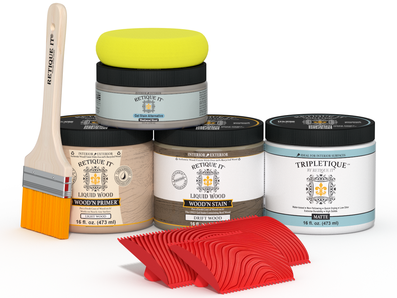 Retique It® Wood'n Finish Kit in Drift Wood for interior use, featuring matte top coat and multi-purpose wood finishing tools.
